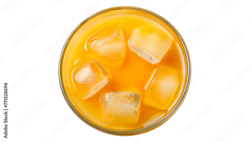 Orange Juice with Ice Cubes in Glass Cup, Isolated on transparent Baackground, top view