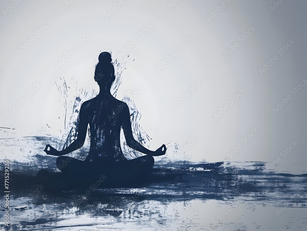 Serene Silhouette of Meditating Figure Reflecting on Still Waters of a Tranquil Lake in Minimalist Monochrome Serene Silhouette of Meditating Figure Reflecting on Still Waters of a Tranquil Lake in Minimalist Monochrome