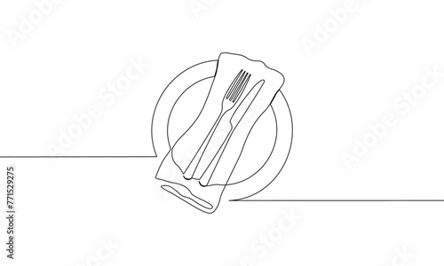 One continuous line drawing of dinnerware. Napkin, fork, plate and knife