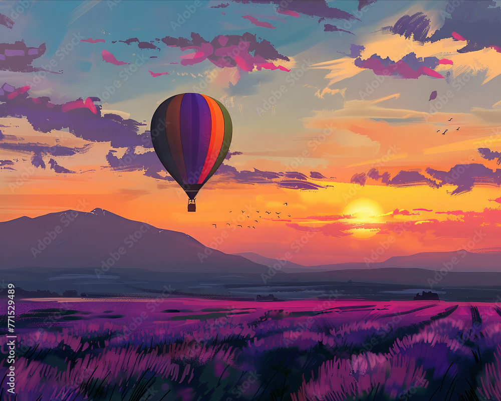 A colorful hot air balloon floats aimlessly above a field of lavender, with a distant mountain range silhouetted against the sunset A colorful hot air balloon floats aimlessly above a field of lavender, with a distant mountain range silhouetted against the sunset