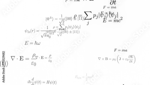 Physics formulas camera fly-through (endless loop). Equations of classical mechanics, quantum theory, classical electrodynamics, relativity theory. Mathematical symbols in high-quality typesetting. photo