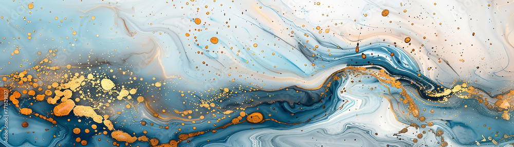 A white, blue and gold marble pattern with golden swirls and splashes of paint in the style of various artists, minimalist background A white, blue and gold marble pattern with golden swirls and splashes of paint in the style of various artists, minimalist background