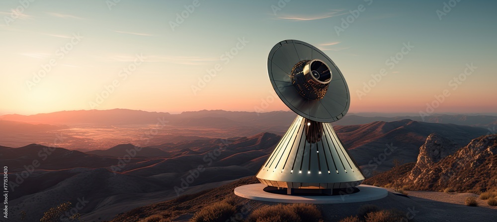 Satellite dish stands boldly atop a mountain, blending technology with nature's grandeur in hybrid media style. - obrazy, fototapety, plakaty 