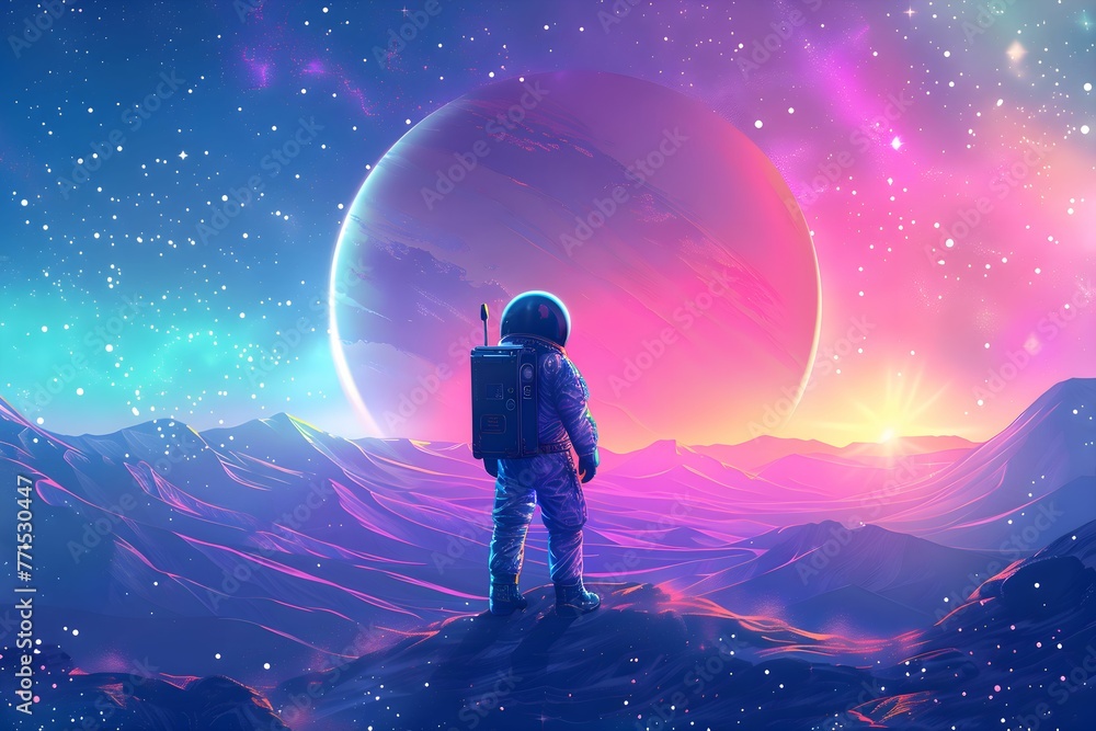 Obraz premium Astronaut space suit performing extra cosmic activity space against stars and planets background