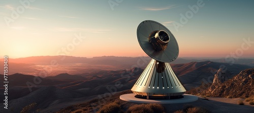 Satellite dish stands boldly atop a mountain, blending technology with nature's grandeur in hybrid media style. photo