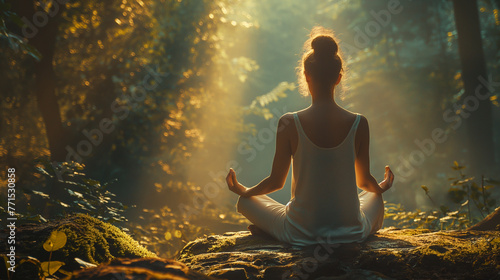 Back of woman relaxingly practicing meditation yoga in the forest to attain happiness from inner peace wisdom serenity with beam of sun light for healthy mind wellbeing and wellness soul concept. photo