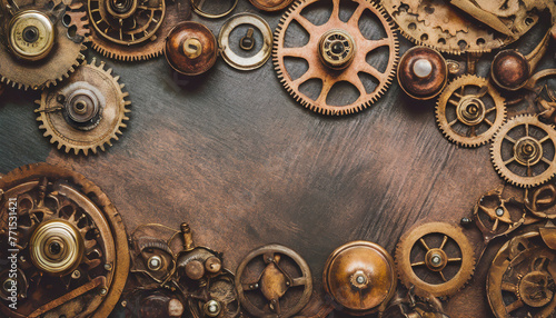 From above technical texture vintage steampunk gears frame on dark background. Aged mechanical parts