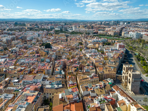 Aerial view of European city Valencia, Spain. Beautiful skyline of Valencia. Panoramic view of all city. Famous travel destination visited annually by many foreign tourists. Rooftop of Valencia. 