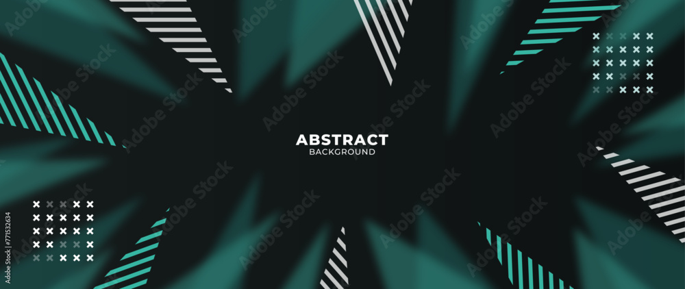 Obraz premium Green triangle abstract modern graphic ornament. Dark green background. Vector illustration for banner, flyer, and background. 