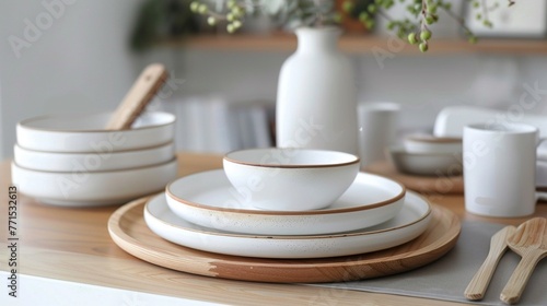 Scandinavian-inspired dinner set featuring minimalist white plates and wooden accents, embodying modern simplicity.