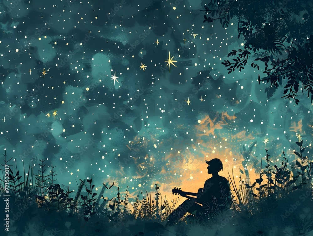 A lone musician sits under the vast star-filled night sky their silhouette illuminated by the gentle glow of the celestial tapestry A lone musician sits under the vast star-filled night sky their silhouette illuminated by the gentle glow of the celestial tapestry