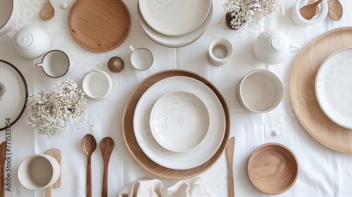 Scandinavian-inspired dinner set featuring minimalist white plates and wooden accents, embodying modern simplicity.