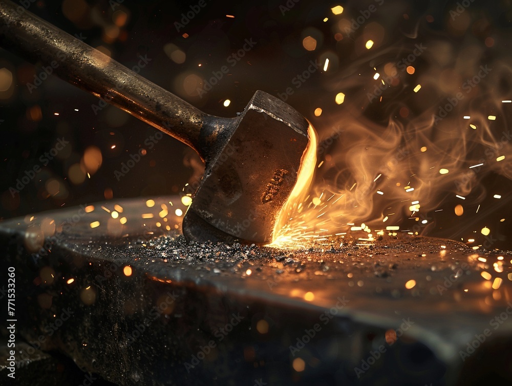 A smithy at work, hammer striking hot iron on an anvil  dynamic, sparks flying,  - obrazy, fototapety, plakaty 