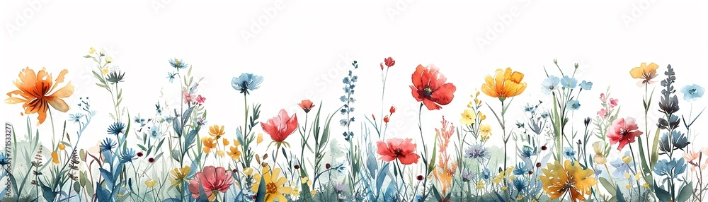Pastel and colorful wildflowers, cartoon in watercolor style, against white backdrop ,professional color grading