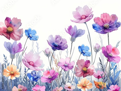 Cartoon drawing of wildflowers in watercolor style, pastel colors on white background, vibrant hues ,professional color grading