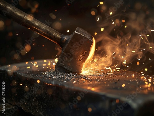 A smithy at work, hammer striking hot iron on an anvil dynamic, sparks flying, 