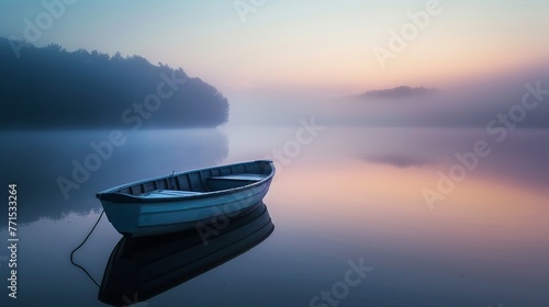 A small boat beginning a voyage across a misty lake at dawn  serene, soft focus,  © Jariya