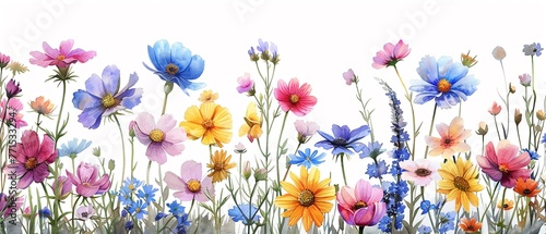 Watercolor cartoon drawing, pastel wildflowers, colorful vibrance, white background ,3DCG,high resulution photo