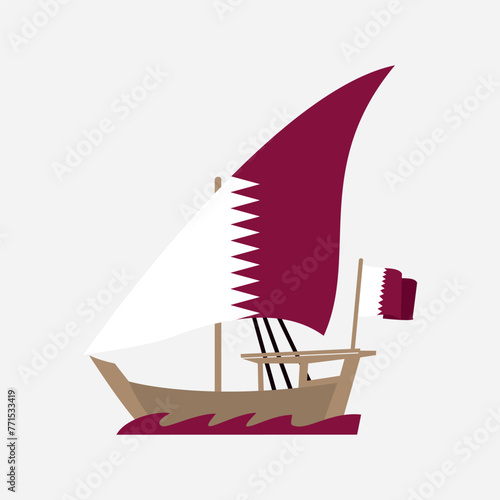 Vector design of a traditional wooden vessel with the flag of Qatar navigates through the choppy sea