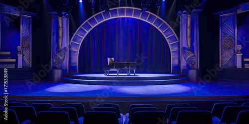 Bathed in a soft spotlight, a grand piano graces the concert hall stage, ready to enchant audiences with its melodic resonance.