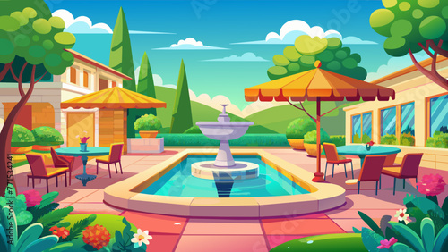 sunny vibrant backyard with fountains and a poolsi  © Creative