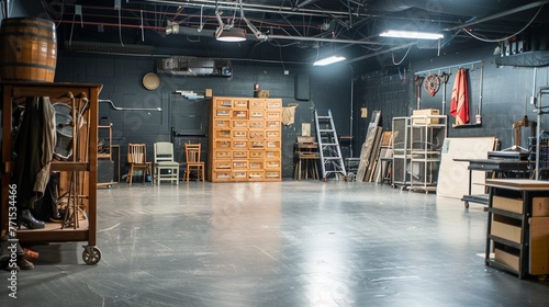 Theater rehearsal studio with stage props, costume racks, and rehearsal blocks, preparing actors for captivating performances. photo