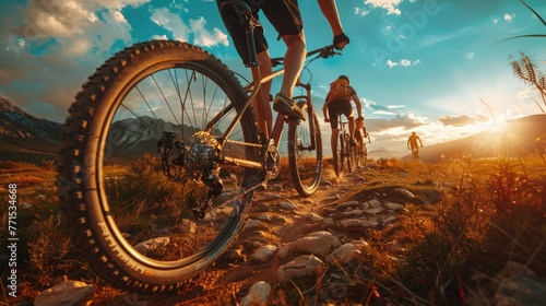 Low angle view of cross country bikers traveling in mountain landscape at sunset