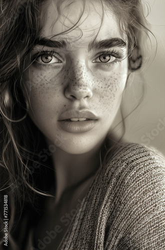 Retrato de linda joven con pecas