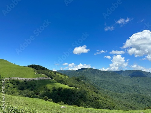 Scenic view of green mountains on a sunny day