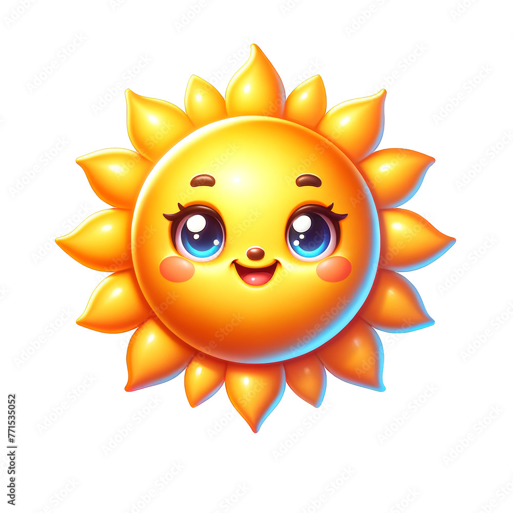 Cute sun with smile for sticker. Summer sun design element. 3D cartoon illustration isolated on transparent background, png