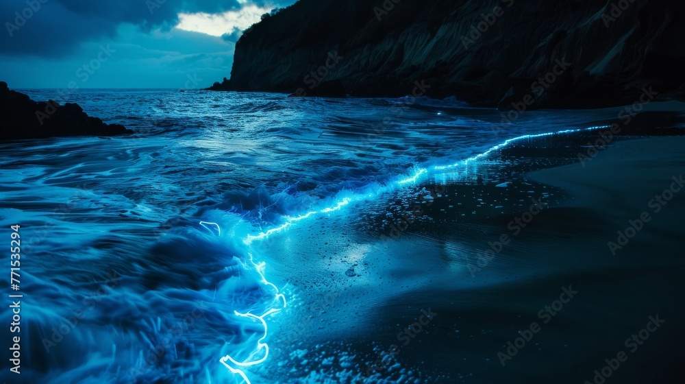 Bioluminescent waves on a tropical beach, blue light glowing as the waves crash no splash