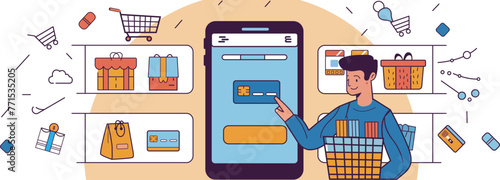 Illustrations of mobile online shopping.Online store e-commerce mobile app usage by consumer.Young people's mobile app shopping, credit card online payment