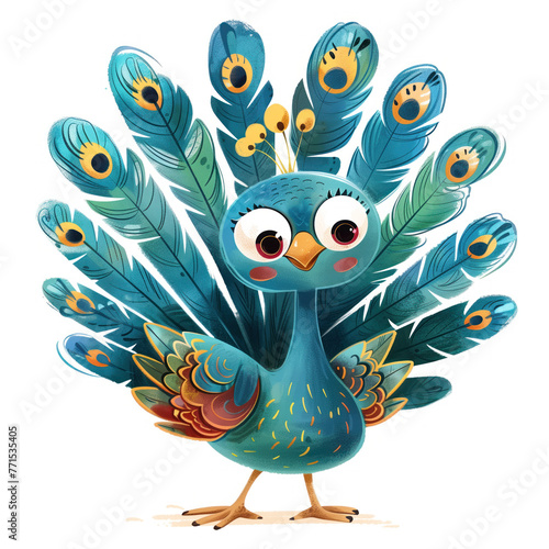 Cute Funny Cartoon Peacock  Illustration for Children Book  Generative AI