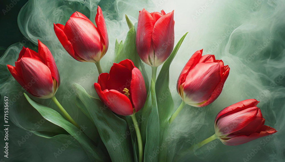 Tapeta, czerwone tulipany. Wiosna, piękne kwiaty - obrazy, fototapety, plakaty 