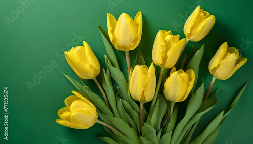 Żółte tulipany, zielone tło z kwiatami © Iwona