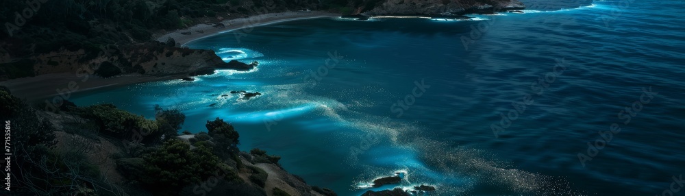 Aerial view of a bioluminescent bay at night, glowing organisms lighting up the water hyper realistic