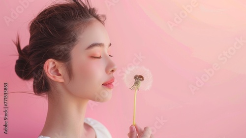 Young female with dandelion park blowing love care inspiring