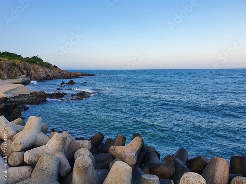Scenic View Of Calm Sea Against Clear Sky. Beach and sea. Waves on the beach.