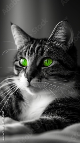 A close-up view of a cat with vibrant green eyes staring directly into the camera