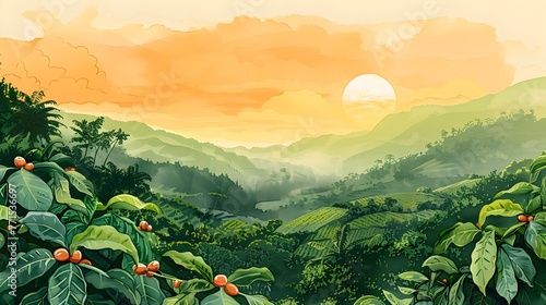 Stunning sunrise over lush coffee plantations in a scenic tropical highland landscape the birthplace of a global obsession photo