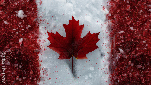 National Flag of Canada made on snow. A maple leaf on snowy backdrop with two red stripes. Canada Day concept.