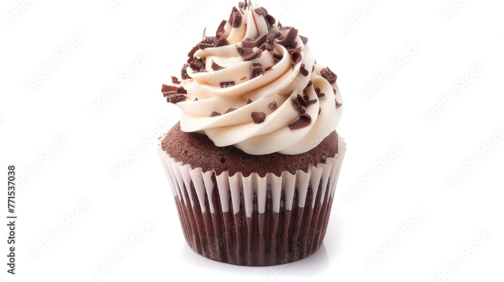 Single cupcake with cream frosting on the white background, copy space, birthday Single cupcake with cream frosting on the white background, copy space, birthday
