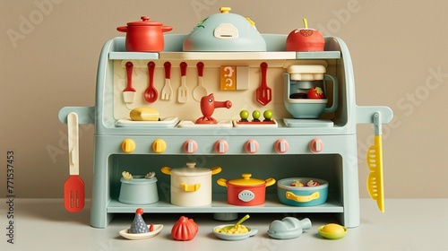 Toy kitchen set complete with pots, pans, and utensils, encouraging imaginative culinary adventures.