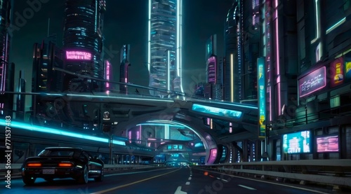 Futuristic sports car driving down the neon lit city street. Vibrant cyberpunk cityscape at night with sport car. Concept of future urban transport, neon, and advanced technology.