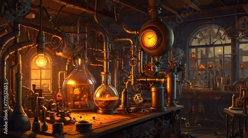 Steampunk laboratory with a glowing jack-o'-lantern. Magical Halloween setting. Mad scientist's laboratory with Halloween-inspired inventions. Concept of fantasy science, invention, and holiday.