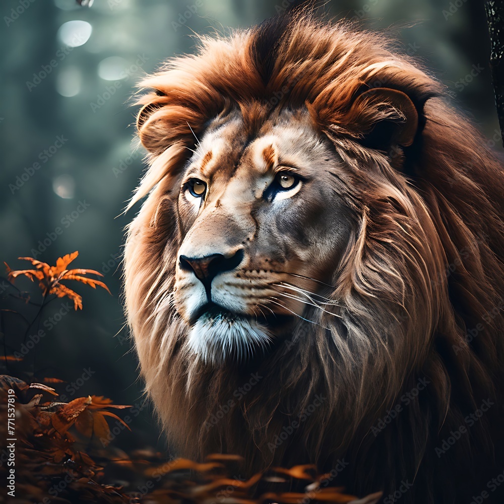Naklejka premium Close up photo of lion portrait of a lion Löwe in der Savanne, moody mit Bokeh erstellt mit.