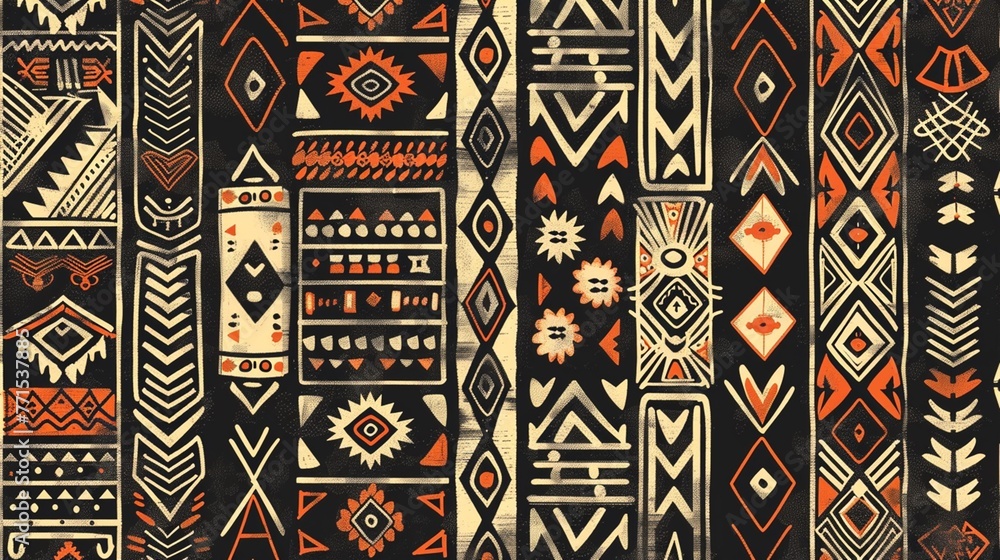 Tribal pattern design inspired by indigenous cultures, featuring intricate motifs and earthy tones.