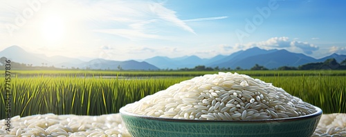 Amidst the gentle rustle of grass and the whisper of leaves, a bowl of rice finds its place in the peaceful embrace of a verdant field. photo