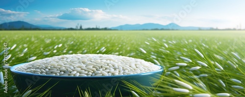 Amidst the gentle rustle of grass and the whisper of leaves, a bowl of rice finds its place in the peaceful embrace of a verdant field.