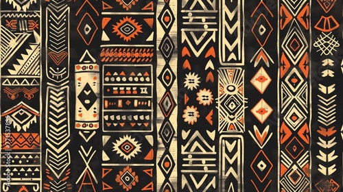 Tribal pattern design inspired by indigenous cultures, featuring intricate motifs and earthy tones. © Balqees